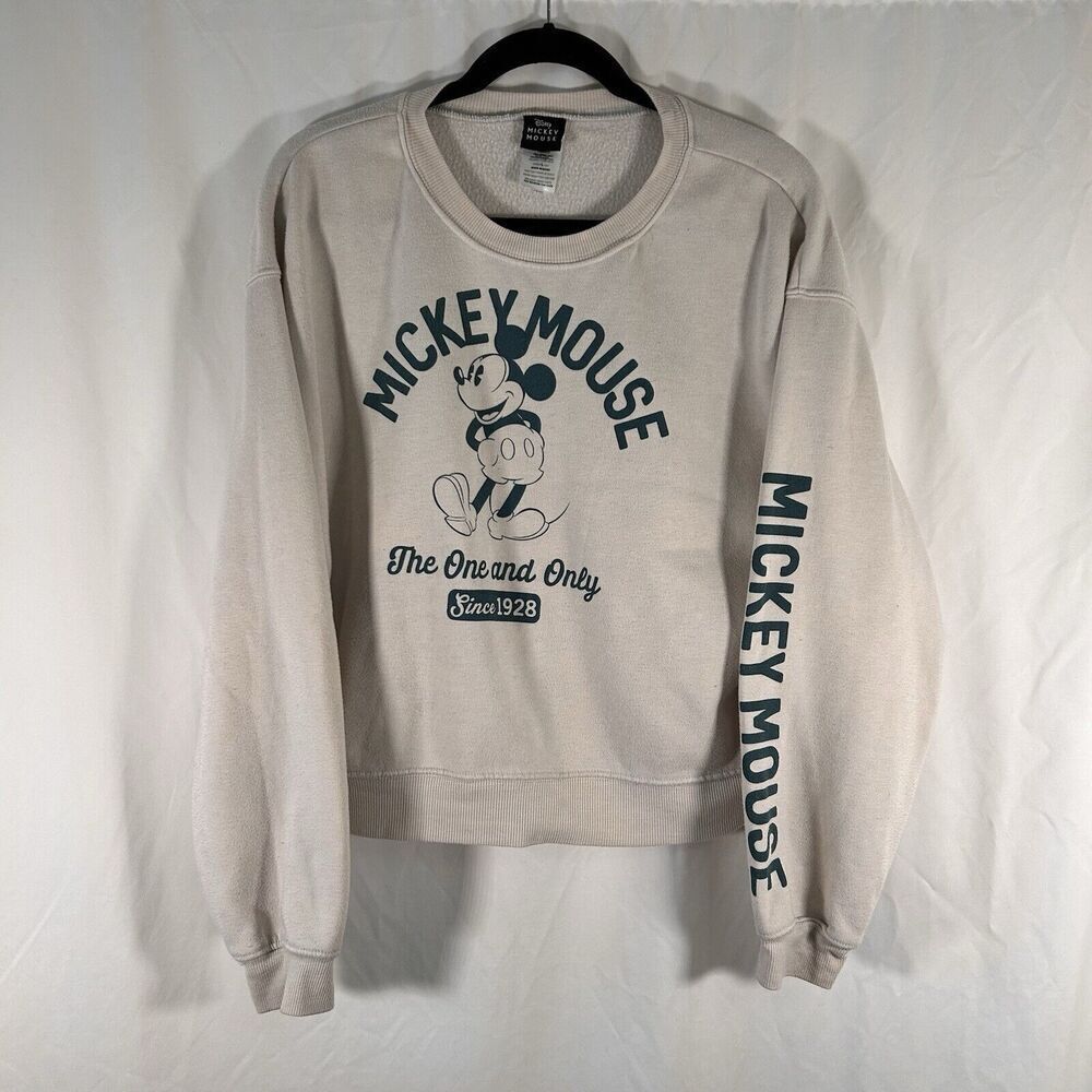 Mickey Mouse Sweater Women's Large Off White Graphic Print Crew Neck Pullover